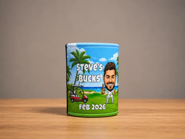 Blue and green stubby holder printed with Steve's Bucks, a golf caricature and February 2026