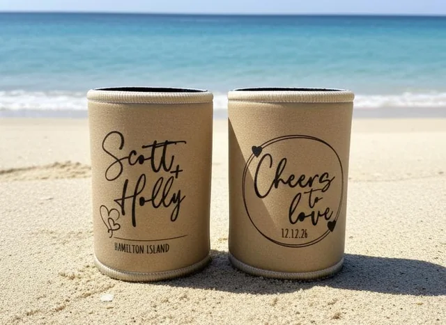Beige stubby coolers with Scott and Holly in script and a personalised date