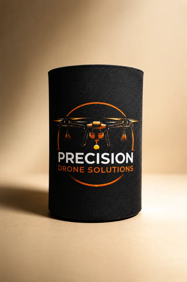 Black stubby cooler with the Precision Drone Solutions logo in orange and white