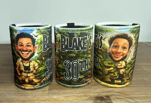 Three stubby coolers with colourful caricature artwork for Blake's 30th birthday
