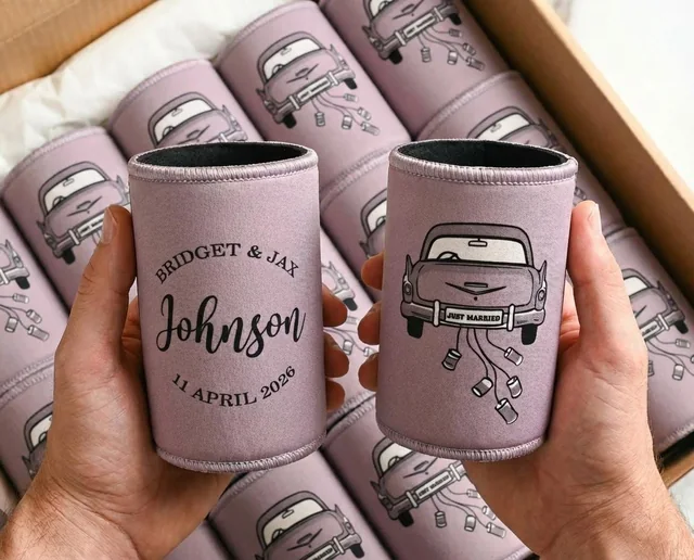Purple wedding stubby coolers with personalised names, date and a wedding car illustration
